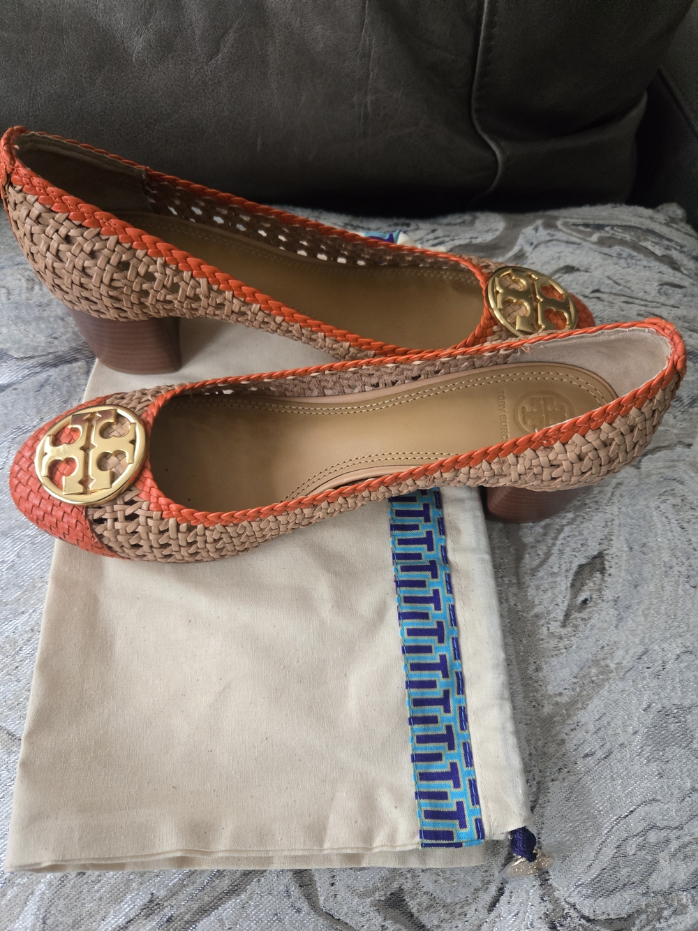 Tory Burch Woven Leather Pumps – Orange & Tan – Size 10.5